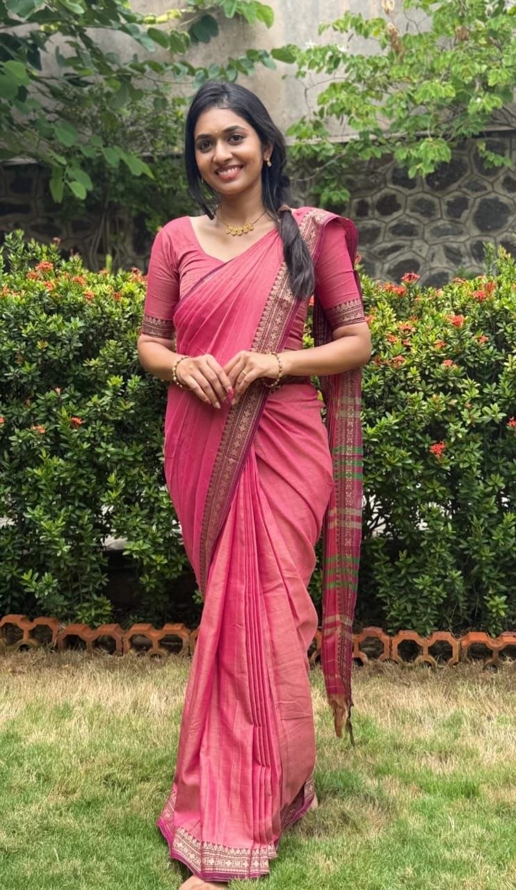 Narayanapet Sindoor Border Saree - Dusty Rose Pink